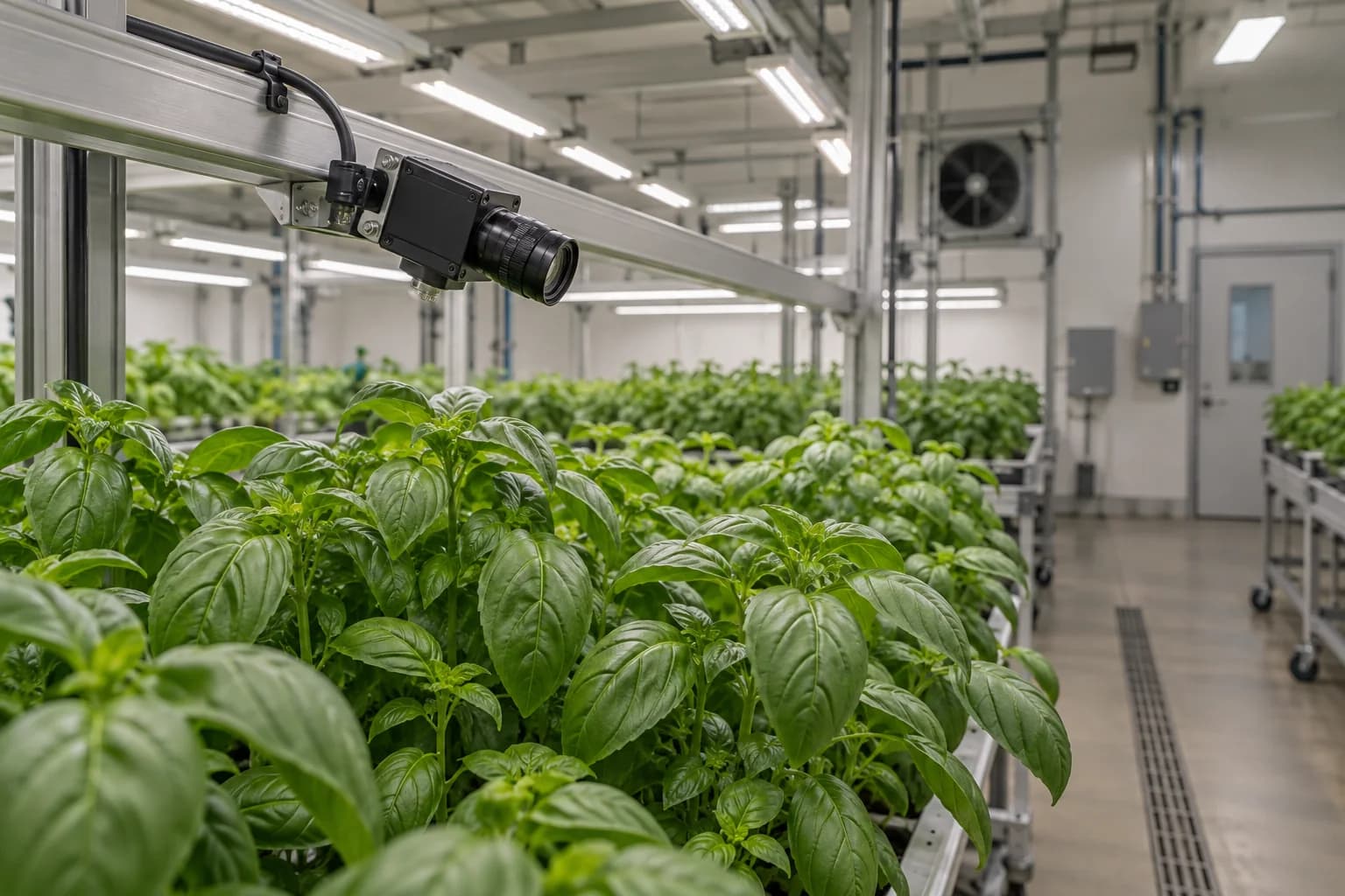 Industrial camera mounted above a basil canopy in an indoor growing room.