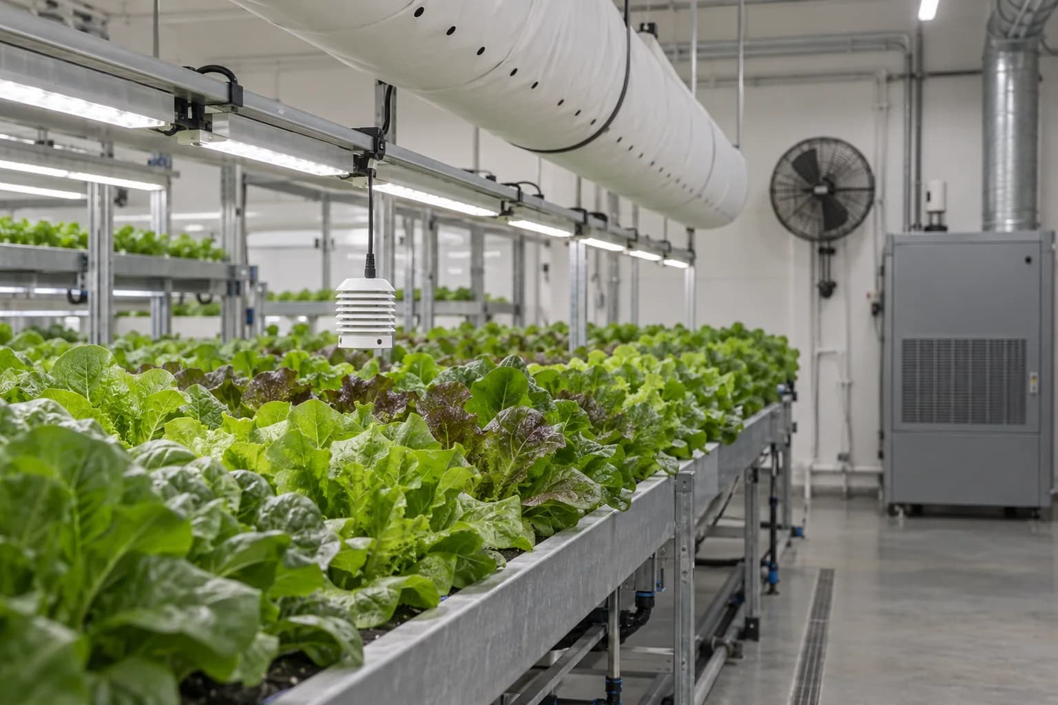 Czujnik klimatu na wysokości roślin, kanał rozprowadzający powietrze i urządzenia wentylacyjne obok stołów z sałatą w uprawie indoor.