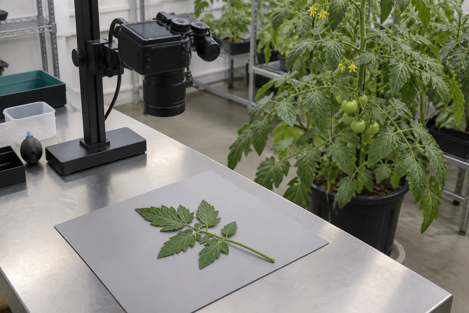 Camera on a copy stand above a tomato leaf sample, with tomato plants beside the workbench.